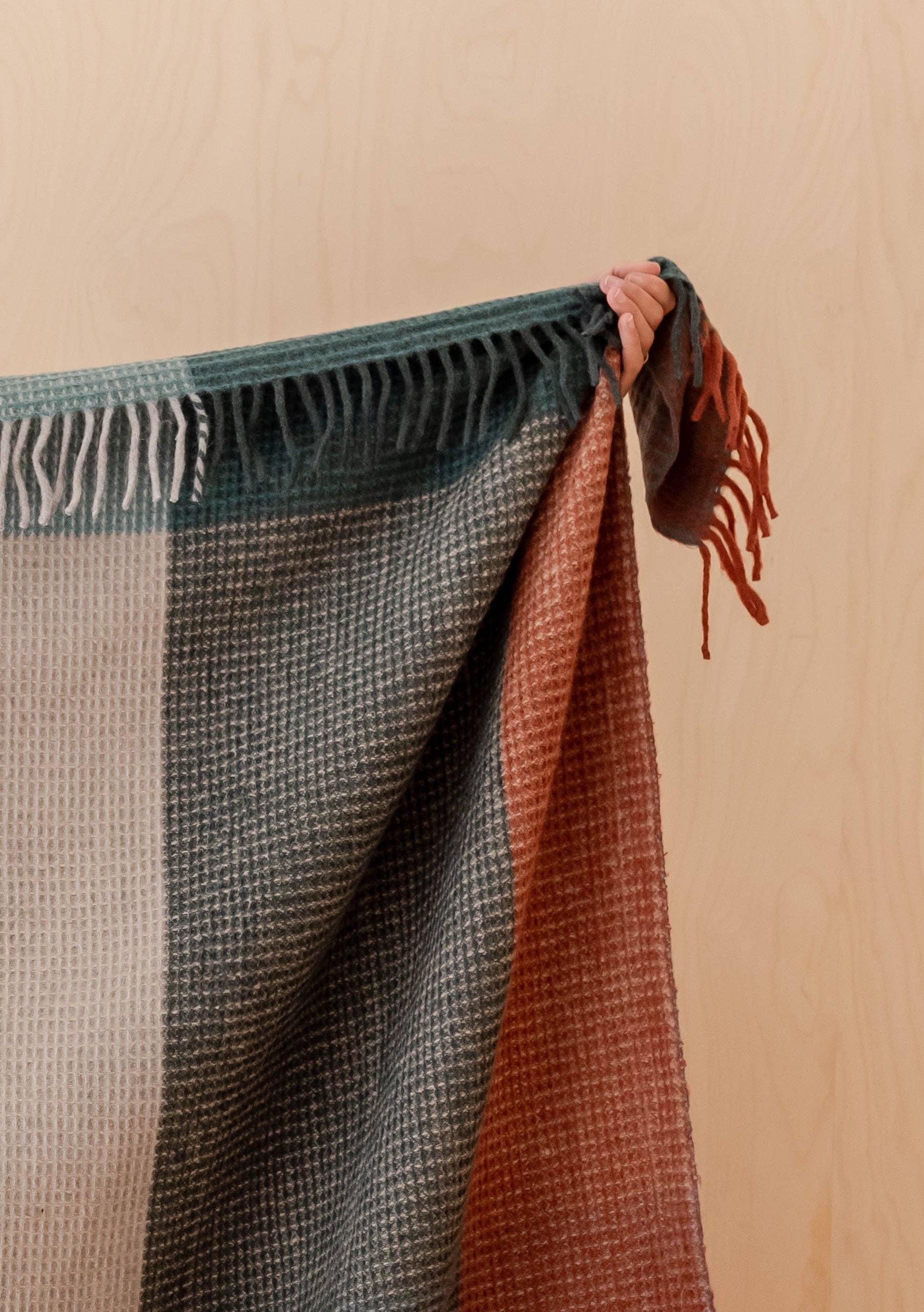 Recycled Wool Blanket in Green Waffle Block Check