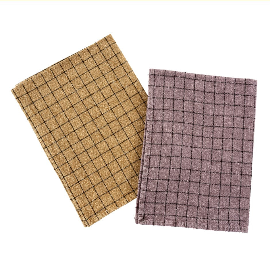 Cotton Check Tea Towel Purple/Sand