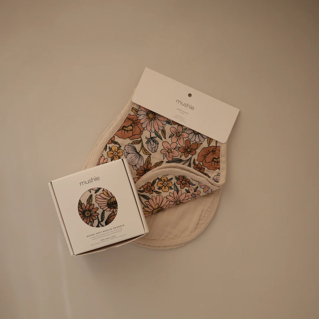Muslin Burp Cloth 2-Pack - Retro Flowers/Fog