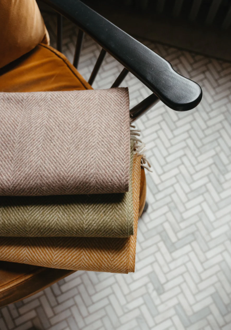Recycled Wool Blanket- Olive Herringbone